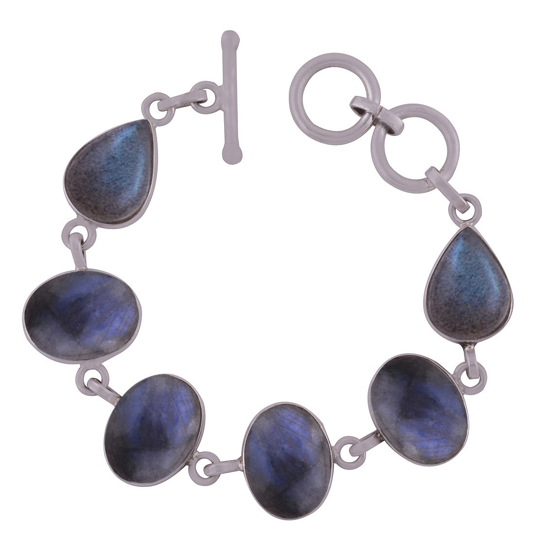 Rainbow Natural Gemstone 925 Sterling Solid Silver Oval/pear Cabochon Handmade Bracelet