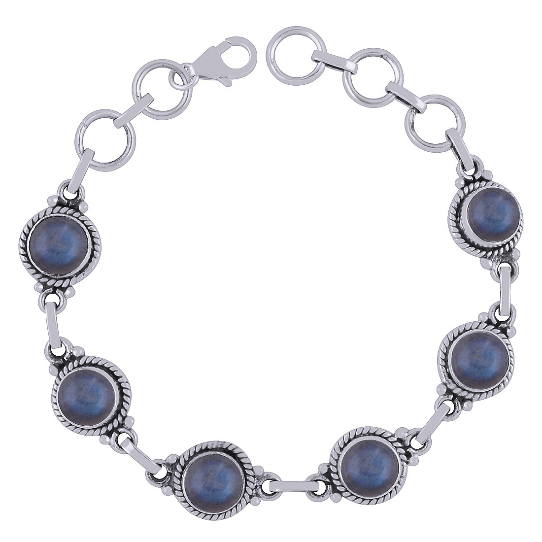 Rainbow Natural Gemstone 925 Sterling Solid Silver Round Cabochon Handmade Bracelet