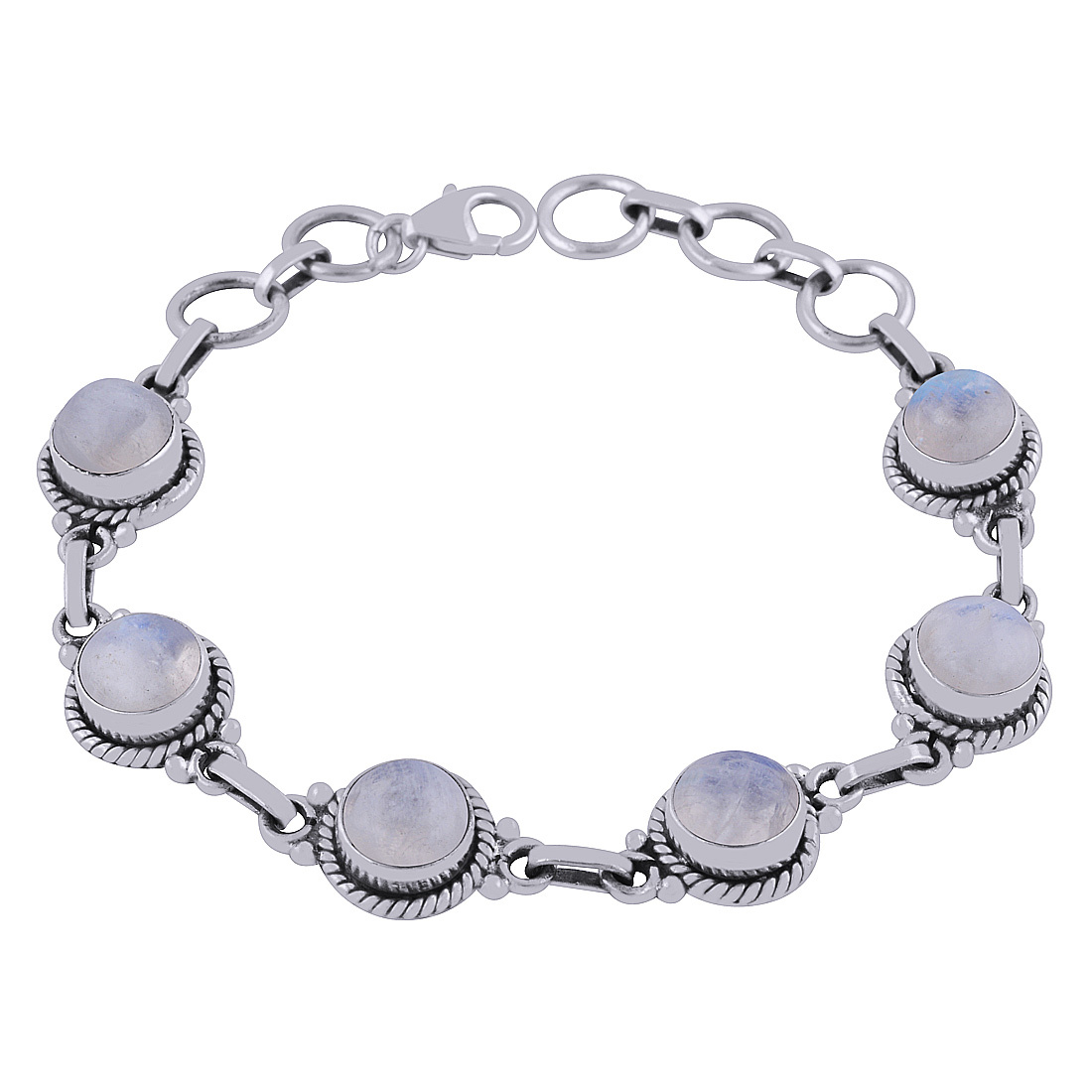Rainbow Natural Gemstone 925 Sterling Solid Silver Round Cabochon Handmade Bracelet