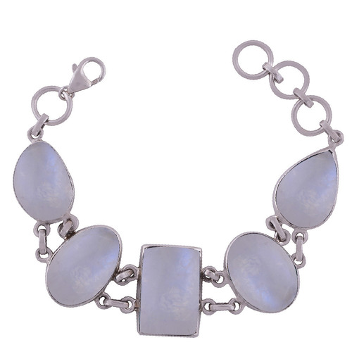 Rainbow Natural Gemstone 925 Sterling Solid Silver Irregular Cabochon Handmade Bracelet