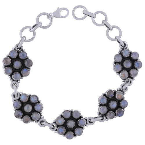 Rainbow Natural Gemstone 925 Sterling Solid Silver Round Cabochon Handmade Bracelet