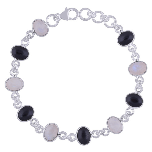 Rainbow/blackonyx Natural Gemstone 925 Sterling Solid Silver Oval Cabochon Handmade Bracelet