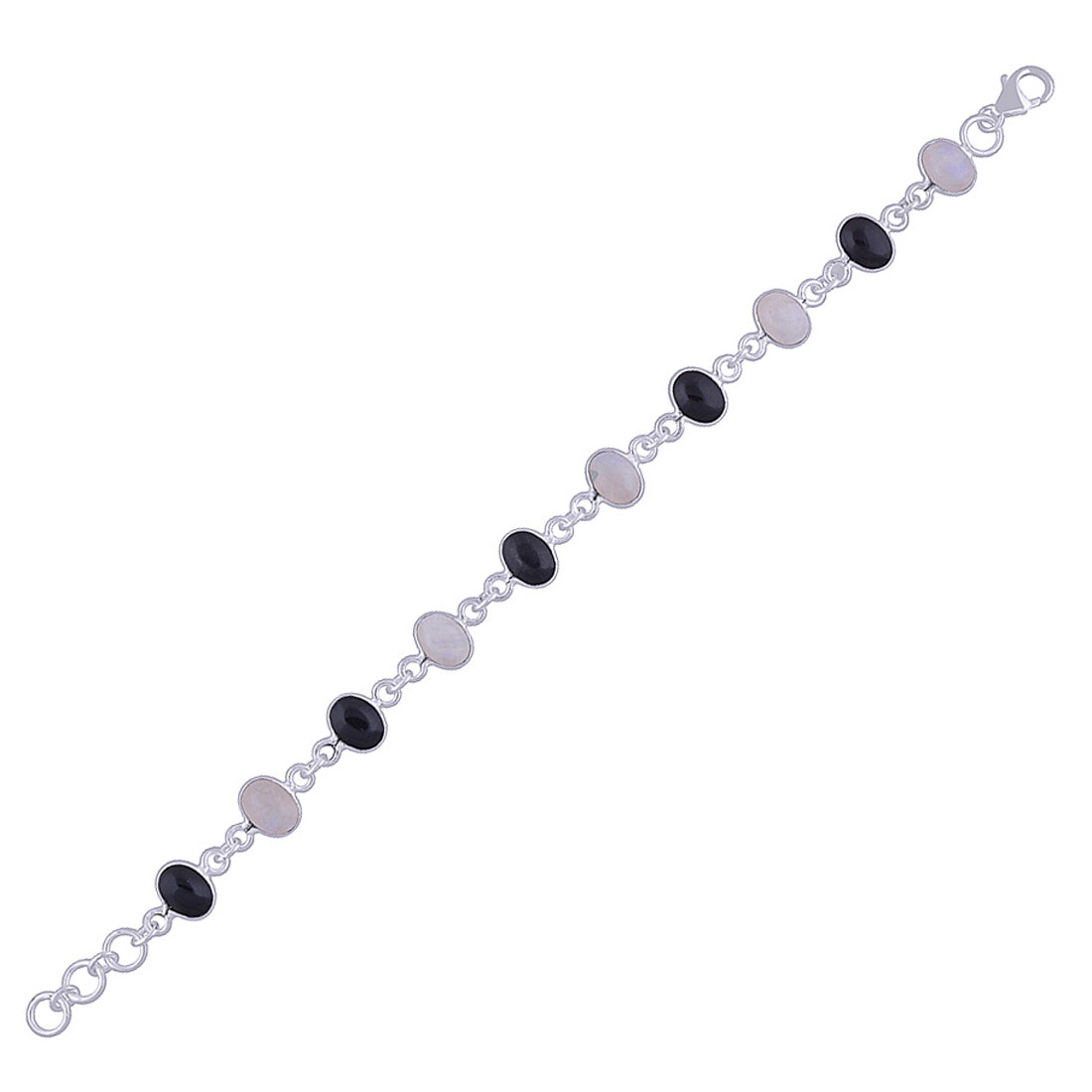 Rainbow/blackonyx Natural Gemstone 925 Sterling Solid Silver Oval Cabochon Handmade Bracelet
