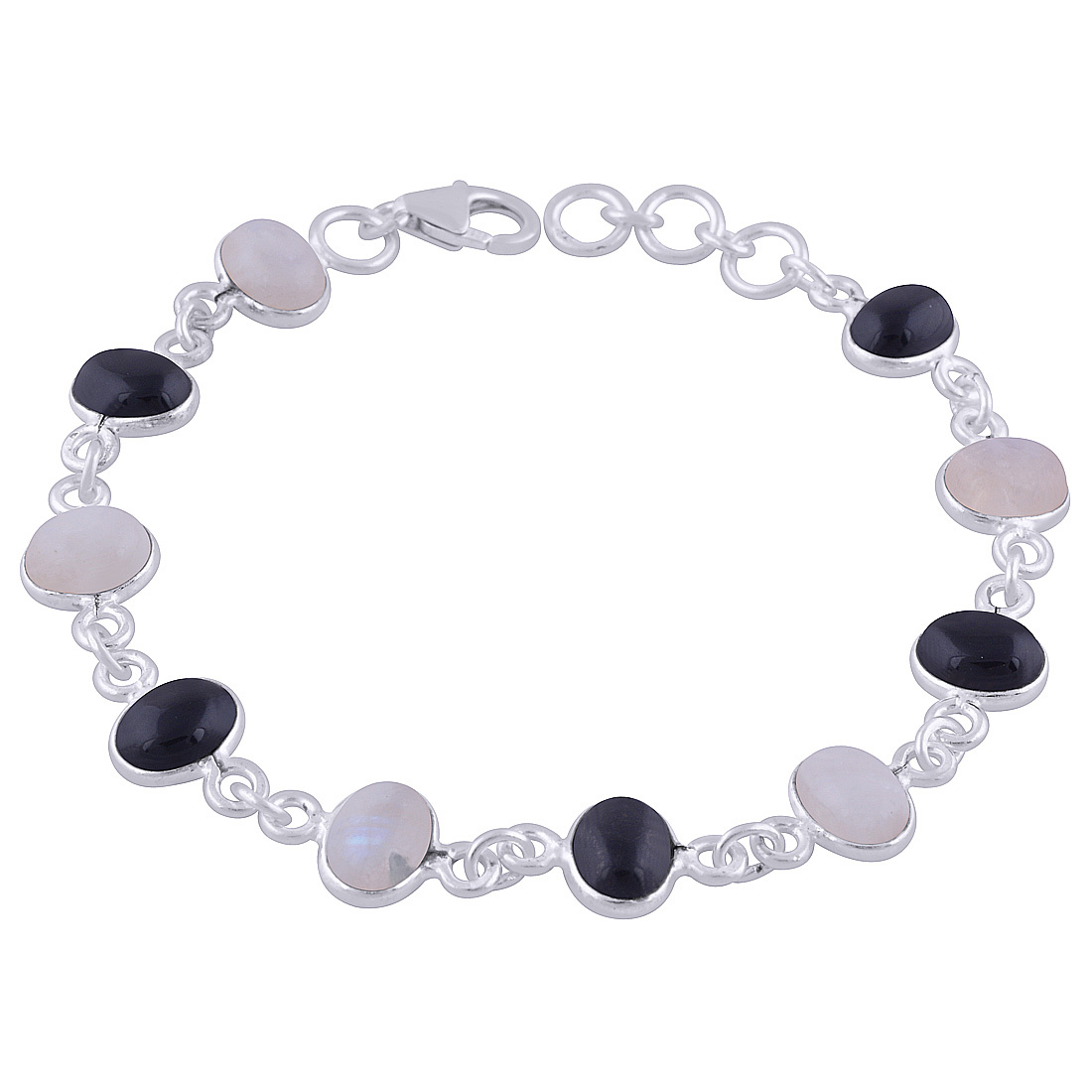 Rainbow/blackonyx Natural Gemstone 925 Sterling Solid Silver Oval Cabochon Handmade Bracelet