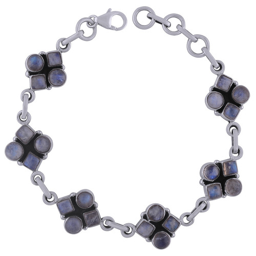 Rainbow Natural Gemstone 925 Sterling Solid Silver Round/square Cabochon Handmade Bracelet