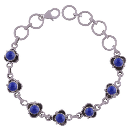 Lapis Natural Gemstone 925 Sterling Solid Silver Round Cabochon Handmade Bracelet