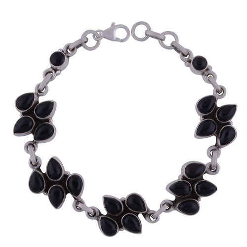 Black Onyx Natural Gemstone 925 Sterling Solid Silver Round Cabochon Handmade Bracelet