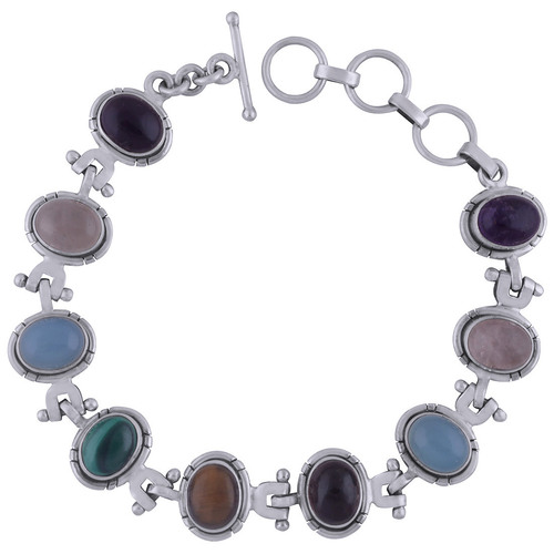 Multiple Natural Gemstone 925 Sterling Solid Silver Oval Cabochon Handmade Bracelet