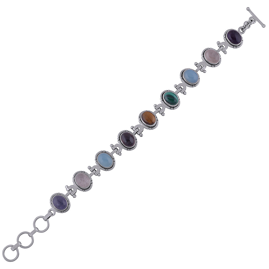 Multiple Natural Gemstone 925 Sterling Solid Silver Oval Cabochon Handmade Bracelet