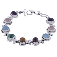 Multiple Natural Gemstone 925 Sterling Solid Silver Oval Cabochon Handmade Bracelet