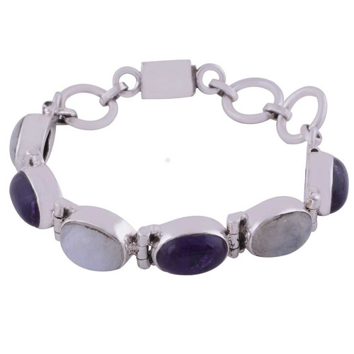 Multiple Natural Gemstone 925 Sterling Solid Silver Oval Cabochon Handmade Bracelet