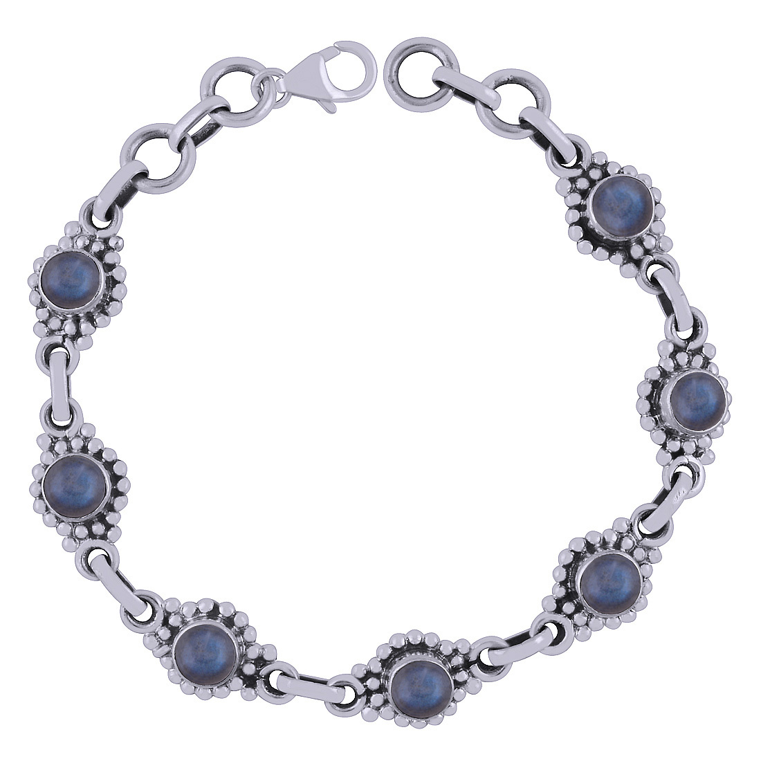 Rainbow Natural Gemstone 925 Sterling Solid Silver Round Cabochon Handmade Bracelet