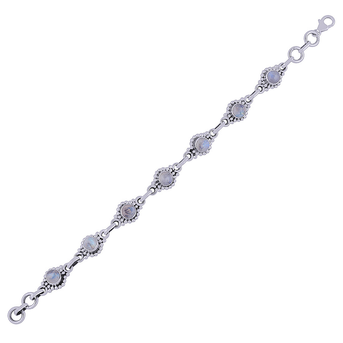 Rainbow Natural Gemstone 925 Sterling Solid Silver Round Cabochon Handmade Bracelet