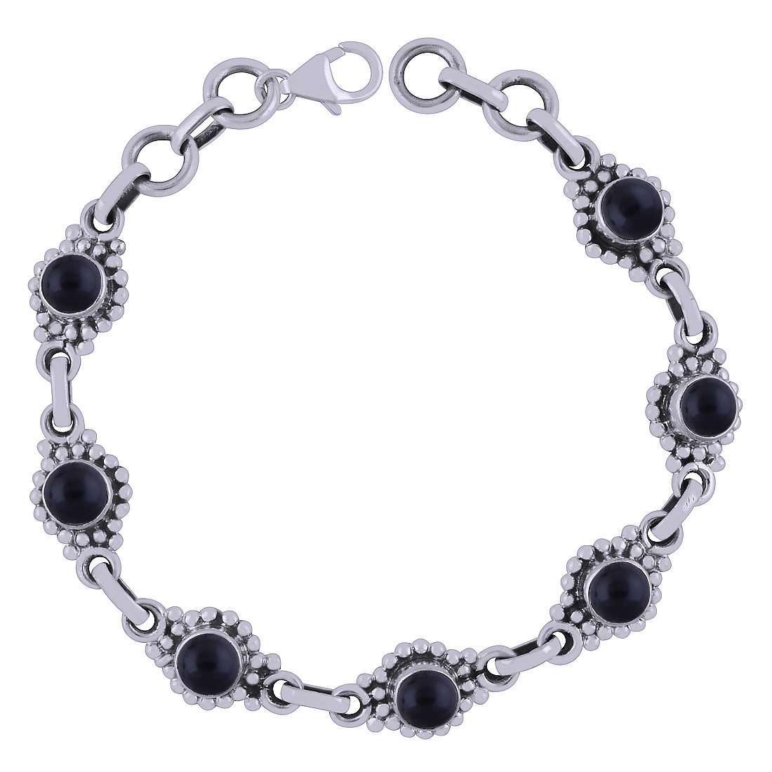 Rainbow Natural Gemstone 925 Sterling Solid Silver Round Cabochon Handmade Bracelet