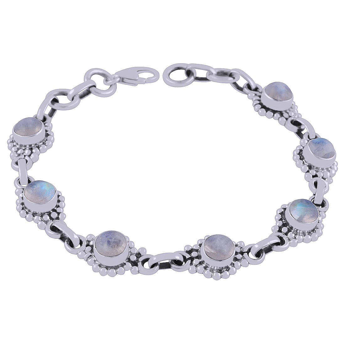 Rainbow Natural Gemstone 925 Sterling Solid Silver Round Cabochon Handmade Bracelet