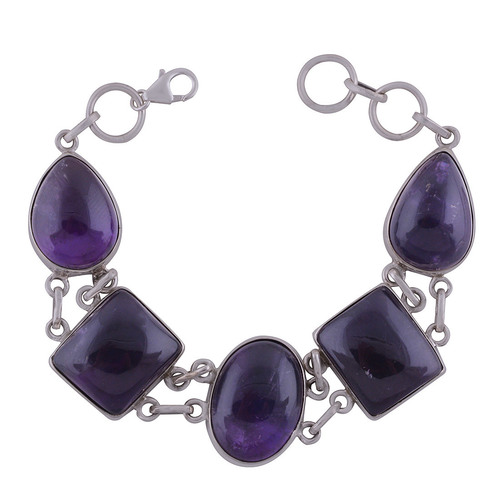 Amethyst Natural Gemstone 925 Sterling Solid Silver Multiple Shape Cabochon Handmade Bracelet