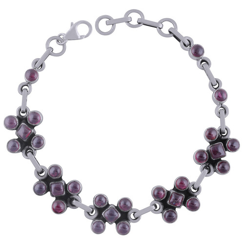Garnet Natural Gemstone 925 Sterling Solid Silver Round Cabochon Handmade Bracelet