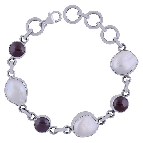 Garnet/mother Of Pearl Gemstone 925 Sterling Solid Silver Round Cabochon Handmade Bracelet