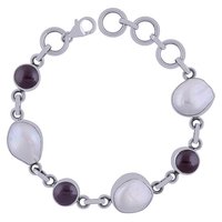 Garnet/mother Of Pearl Gemstone 925 Sterling Solid Silver Round Cabochon Handmade Bracelet Diameter: Length:7.5 Inch X Width:9 Mm Inch (in)