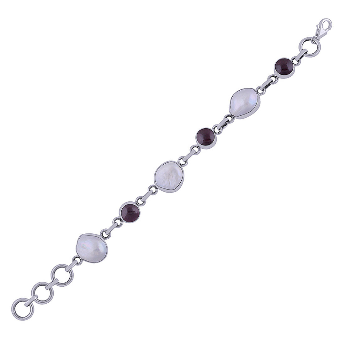 Garnet/mother Of Pearl Gemstone 925 Sterling Solid Silver Round Cabochon Handmade Bracelet