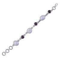 Garnet/mother Of Pearl Gemstone 925 Sterling Solid Silver Round Cabochon Handmade Bracelet