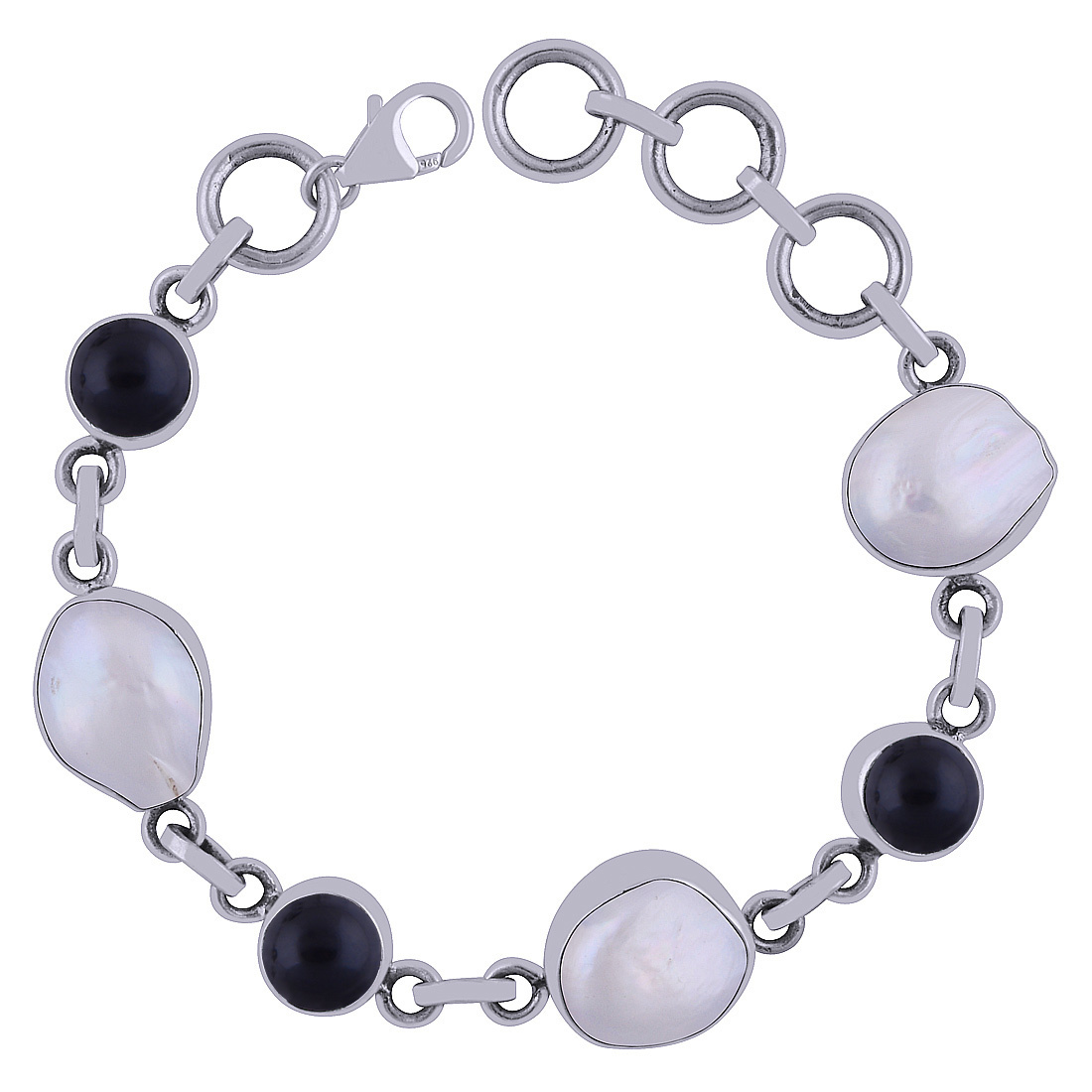 Garnet/mother Of Pearl Gemstone 925 Sterling Solid Silver Round Cabochon Handmade Bracelet