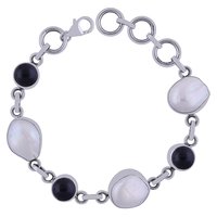 Garnet/mother Of Pearl Gemstone 925 Sterling Solid Silver Round Cabochon Handmade Bracelet