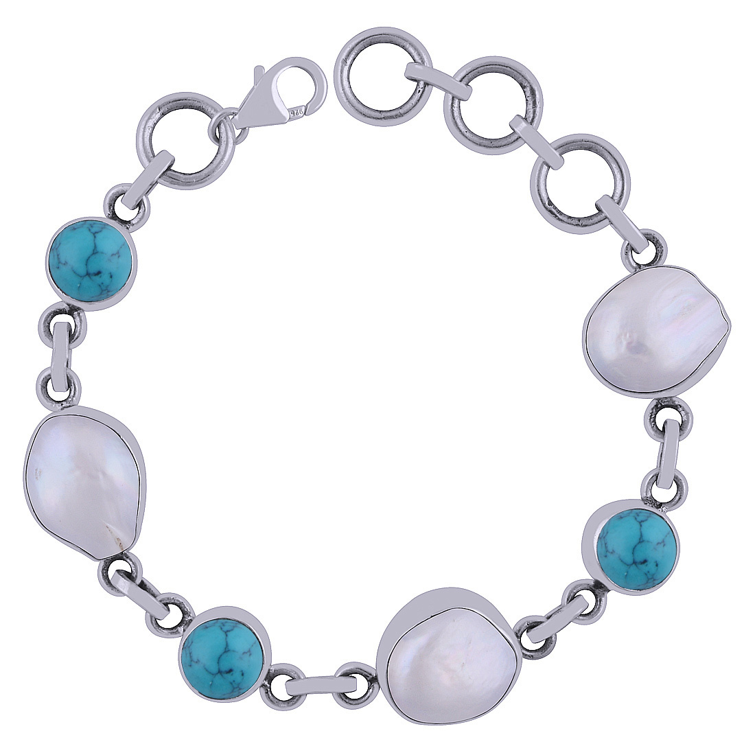 Garnet/mother Of Pearl Gemstone 925 Sterling Solid Silver Round Cabochon Handmade Bracelet