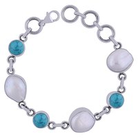 Garnet/mother Of Pearl Gemstone 925 Sterling Solid Silver Round Cabochon Handmade Bracelet