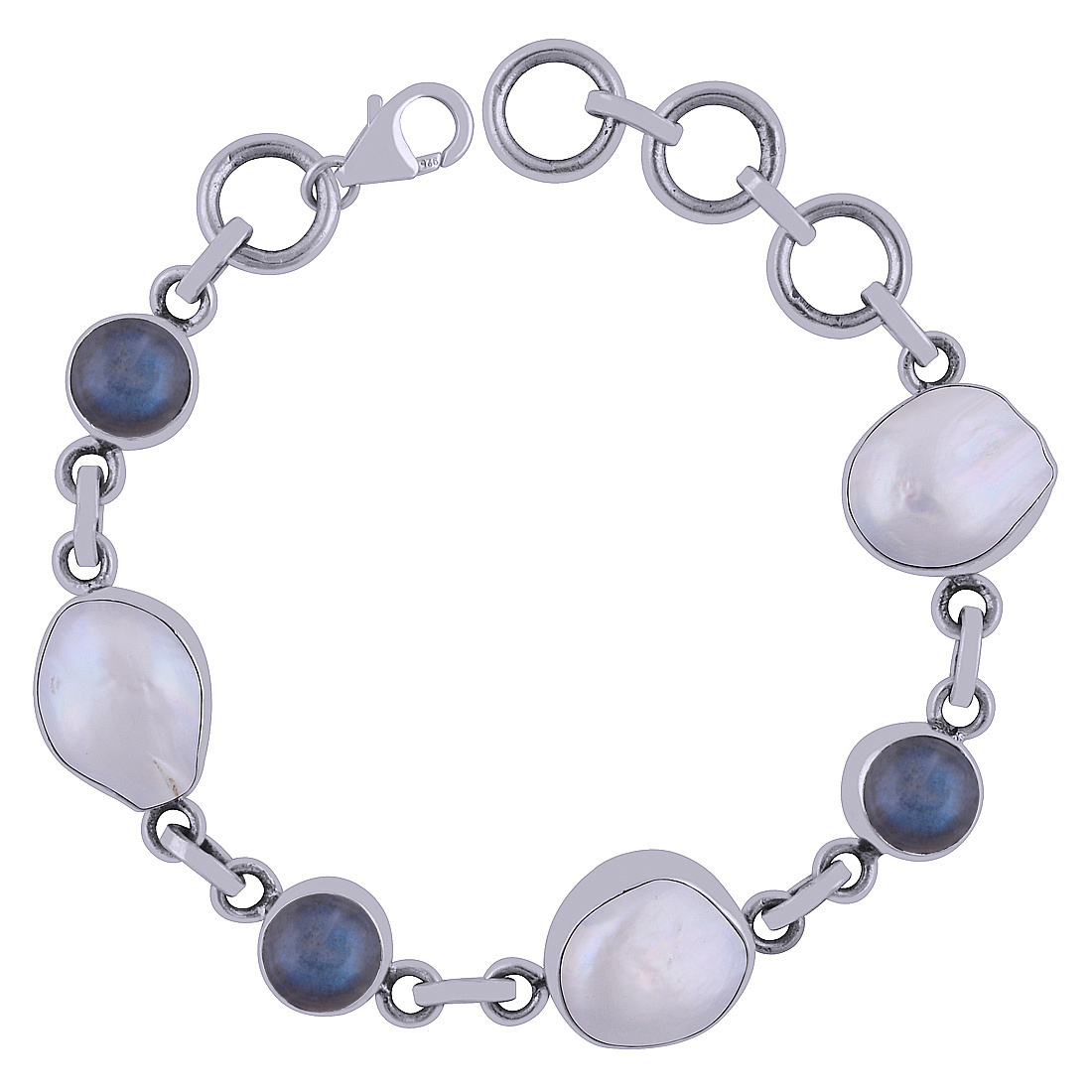 Garnet/mother Of Pearl Gemstone 925 Sterling Solid Silver Round Cabochon Handmade Bracelet
