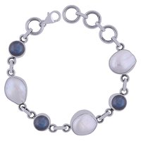 Garnet/mother Of Pearl Gemstone 925 Sterling Solid Silver Round Cabochon Handmade Bracelet