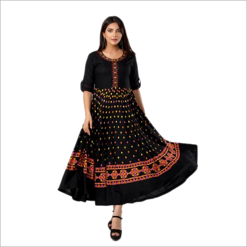Ladies Black Rayon Printed Anarkali Kurti