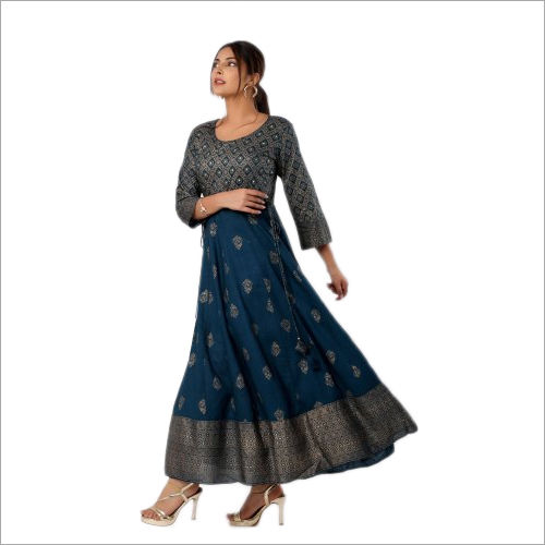 Summer Ladies Dark Sea Blue Printed Rayon Anarkali Kurti