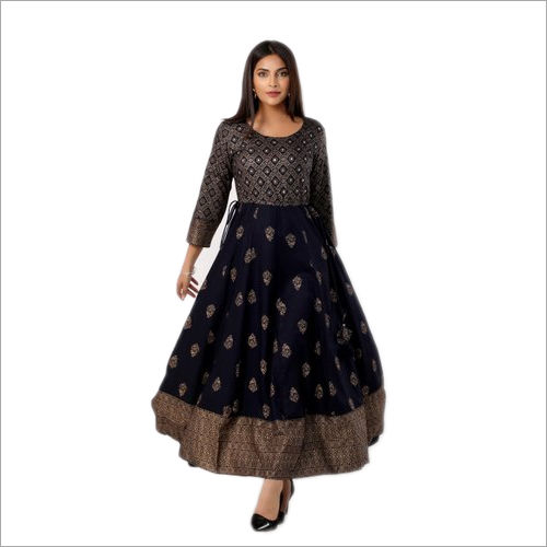 No Fade Ladies Dark Blue Rayon Printed Anarkali Kurti