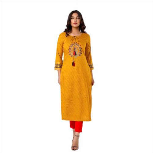 Ladies Mustard Yellow Rayon Printed Straight Kurti Length: 100 Meter (M)