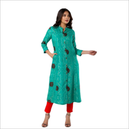 Ladies Turquoise Rayon Printed Kurti