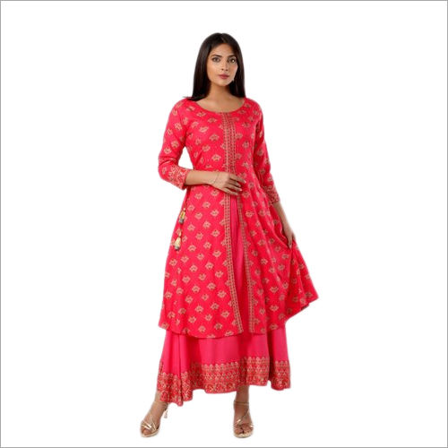 Ladies Pink Printed Cotton Flared Kurti