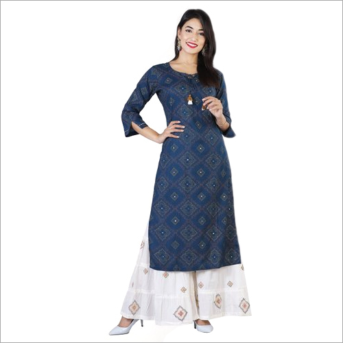 Ladies Blue Rayon Kurti Sharara Set