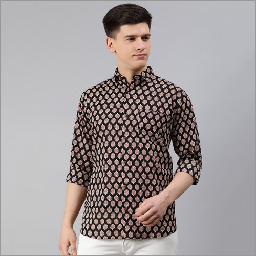 Breathable Millennial Mens Printed Black Cotton Full Sleeves Shirts