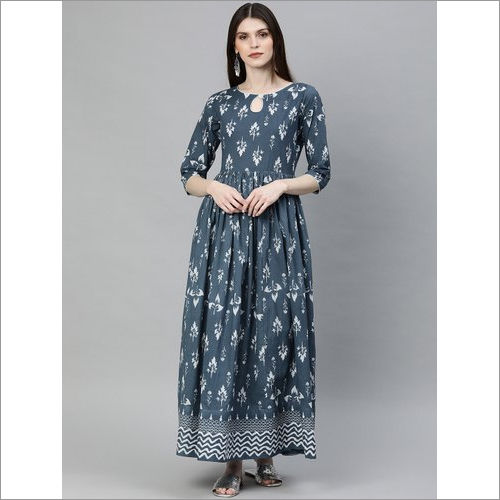 Ladies Grey Floor Length Cotton Kurti