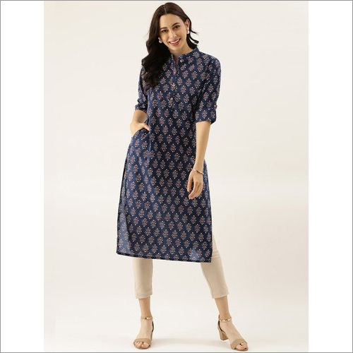 Washable Ladies Cotton Navy Blue Straight Kurti