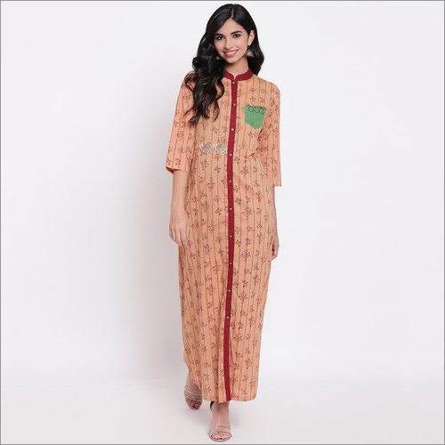 Washable Ladies Peach Brown Straight Long Cotton Kurti