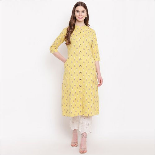 Ladies Yellow Ikkat Khadi Straight Kurti