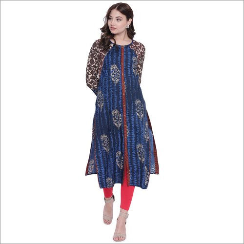 Ladies Dark Blue Straight Mughal Print Rayon Kurti