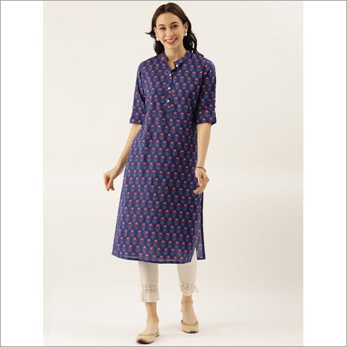 Ladies Divena Cotton Navy Blue Straight Kurti