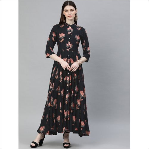 Ladies Black Flower Print Floor Length Rayon Kurti