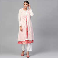 Ladies White Striped Kurti With Muslin Jacket