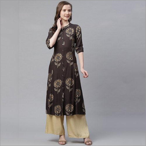 Washable Ladies Gold Foil Print Rayon A Line Kurti