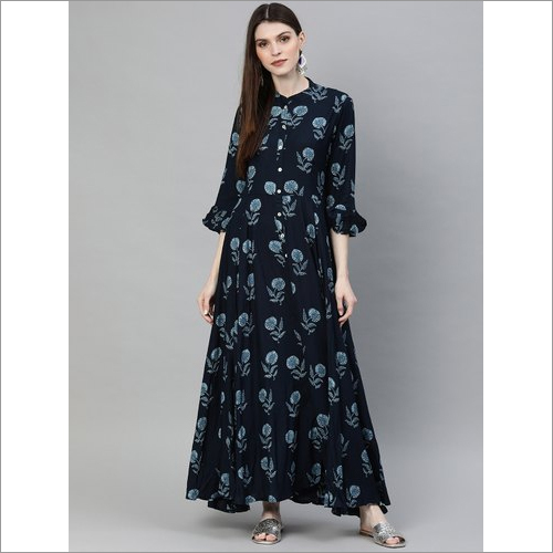 Ladies Navy Blue Flower Print Floor Length Rayon Kurti