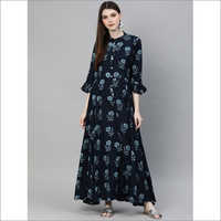 Ladies Navy Blue Flower Print Floor Length Rayon Kurti